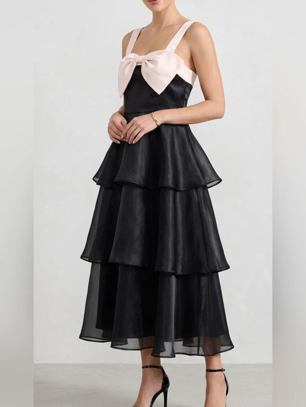 Lulus Untamed Elegance Black and Cream Bow Organza Tiered Midi Dress NWT - Small